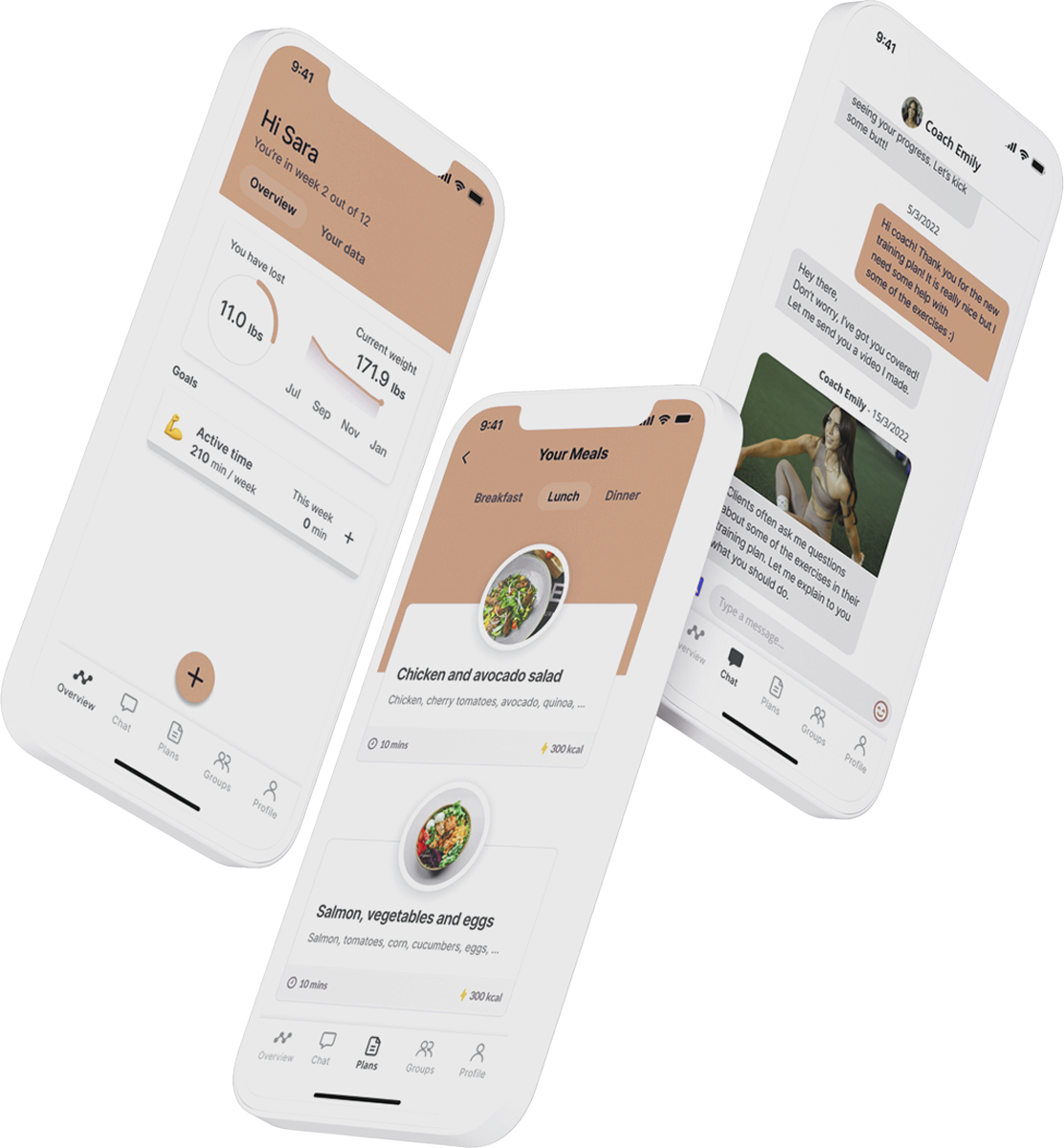 A mockup of the coaching app showcasing the features.
